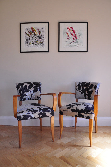 French 1940s Bridge Chair, sourced from France, stripped and re-upholstered. They have been finished in Robert Le Heros fabric