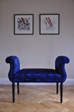 Damask Love Seat. A gorgeous traditionally upholstered double end scroll bench covered in a stunning blue damask.
