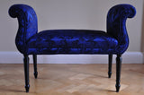 Damask Love Seat. A gorgeous traditionally upholstered double end scroll bench covered in a stunning blue damask.