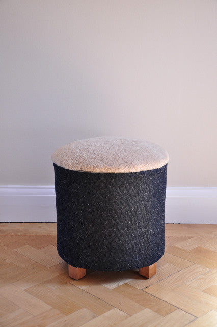 1940s Vintage Stool in Denim. Covered in raw linen denim and merino sheepskin.