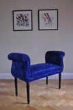Damask Love Seat. A gorgeous traditionally upholstered double end scroll bench covered in a stunning blue damask.